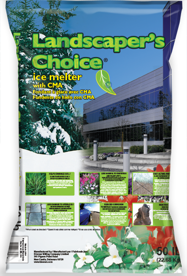 Landscaper's Choice Ice Melt with CMA packaging in 50 lb bag, featuring anti-corrosion benefits for outdoor surfaces