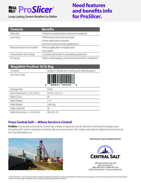 "ProSlicer Ice Melt features and benefits chart for effective snow and ice removal."
