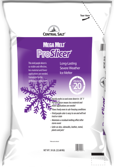 Mega Melt ProSlicer Ice Melt Bag with anti-corrosion formula and purple color indicator